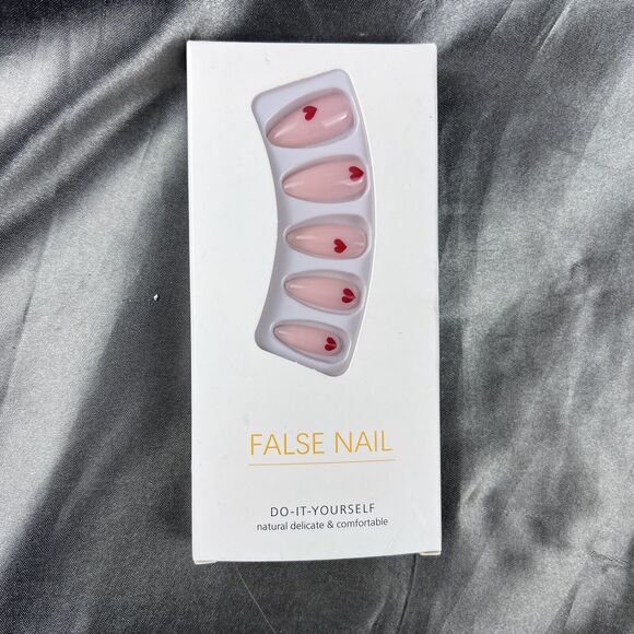 Valentine's‎ Day Almond Press on Nails Red Heart Nude False Art 24pcs FAST SHIP! - Picture 1 of 8
